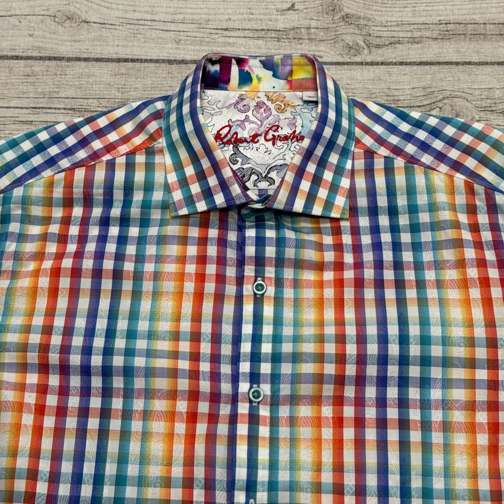 Robert Graham Shirt Men's Large Rainbow Check Paisley Classic Fit Button Down